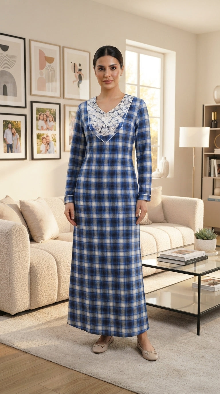 Product Title: Miss Nish London Long Nightgown – Stylish Checkered Design with Soft Lace Details 26-26-B-1