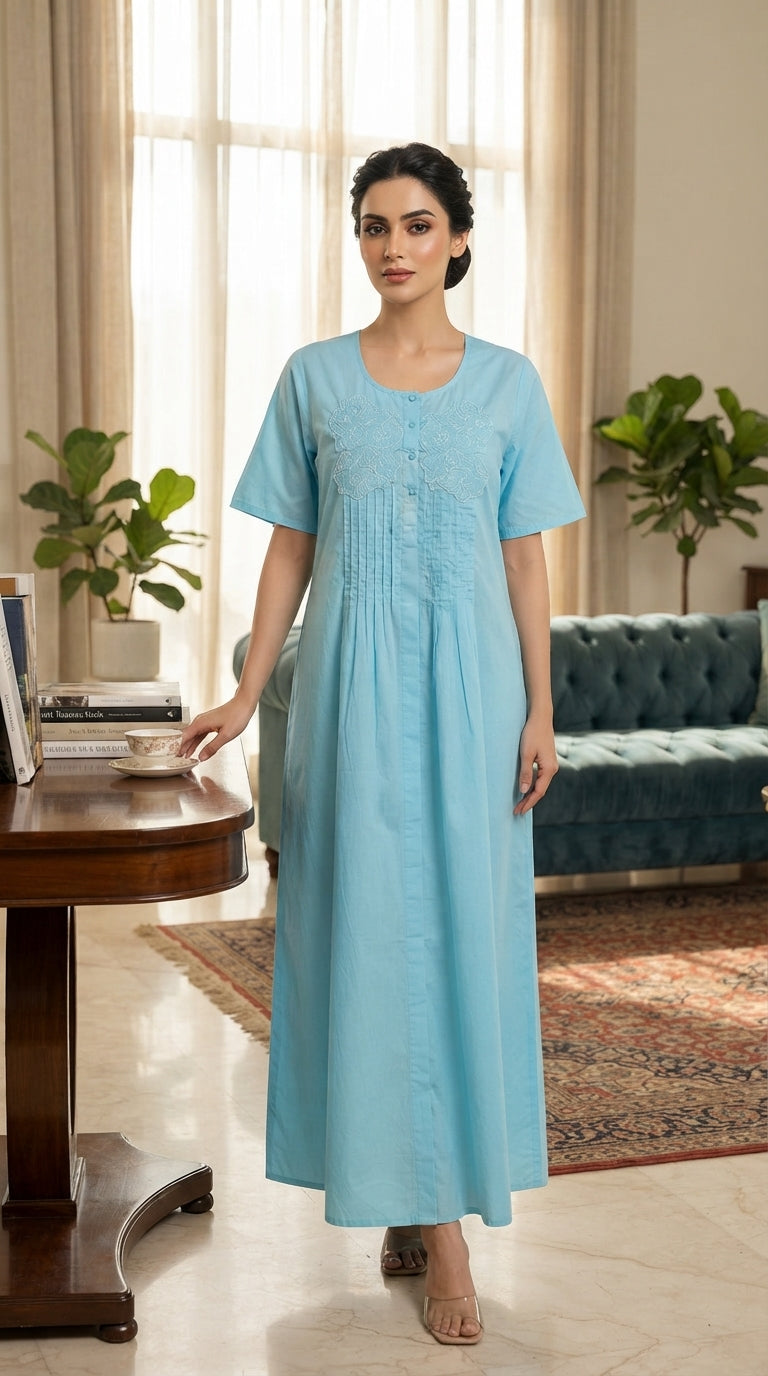 Women's long cotton jalabiya with short sleeves and front embroidery (sky blue color) 25-02-A-6