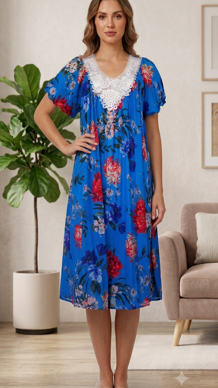 BLUE Floral Satin Ballet Nightgown(SHORT)6536