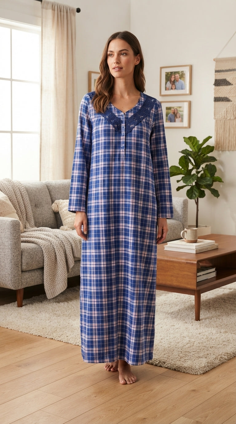 Women's winter coat with checkered pattern and elegant blue lace detailing 25-43-B-1