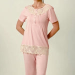 Women's two-piece loungewear set featuring a long robe with wide sleeves in a soft pink hue. 50416