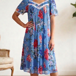 BLUE Floral Satin Ballet Nightgown(SHORT) 6030