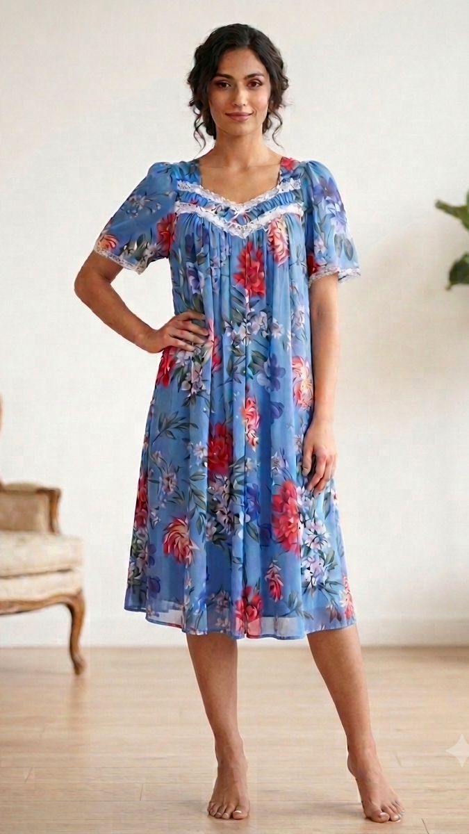 BLUE Floral Satin Ballet Nightgown(SHORT) 6030