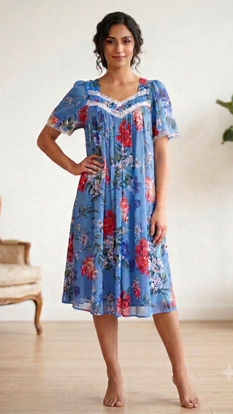 BLUE Floral Satin Ballet Nightgown(SHORT) 6030