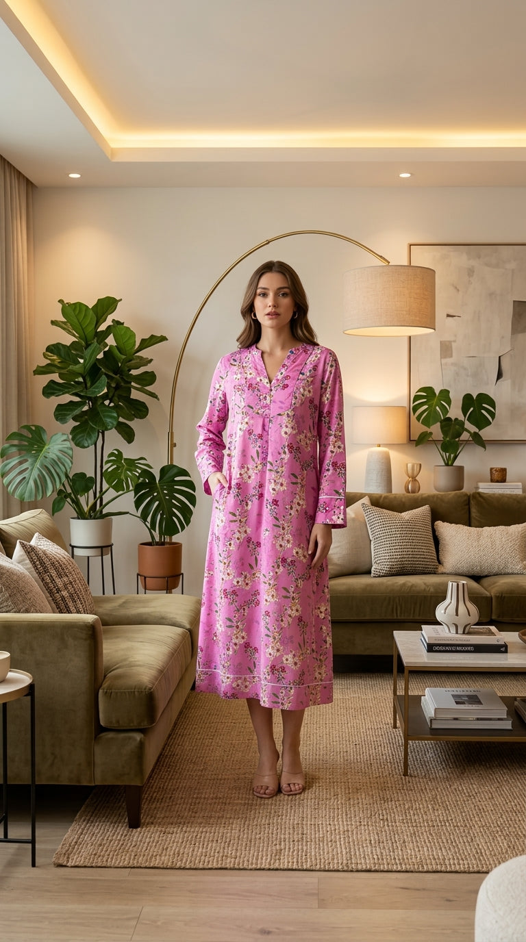 An elegant pink women’s dress featuring a soft floral pattern, long sleeves, and a comfortable design.26-21-B-2