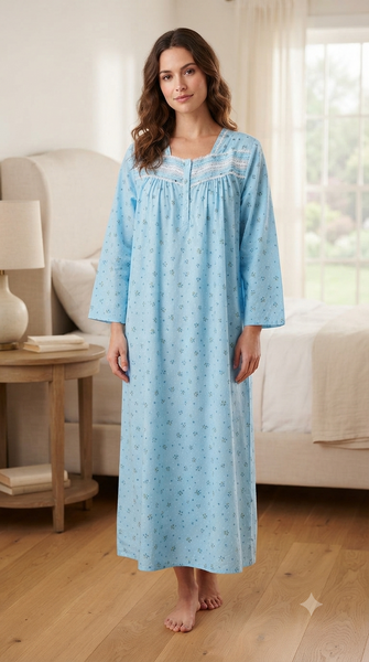 Long-sleeved dress in lightweight pure cotton with lace and front buttons 25-01-B-2