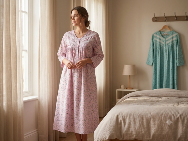 Descriptive and detailed title: Pink floral cotton nightgown with long sleeves and lace embroidery on the chest 26-6-B-2