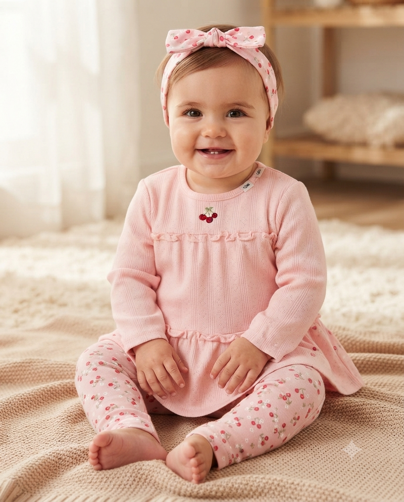 Girls' cotton set with cherry embroidery and pink headband 17007