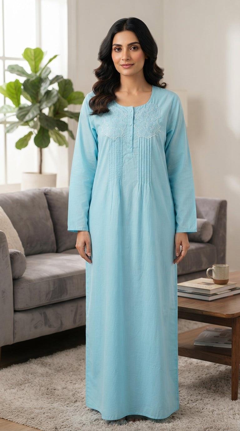 Long women's house dress with elegant embroidery on the chest 25-02-B-6