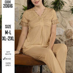 Comfortable two-piece women's summer pajama set (short-sleeved lace-trimmed top and classic-style trousers) 20616