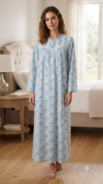 Long-sleeved dress in lightweight pure cotton with lace and front buttons 25-04-B-2