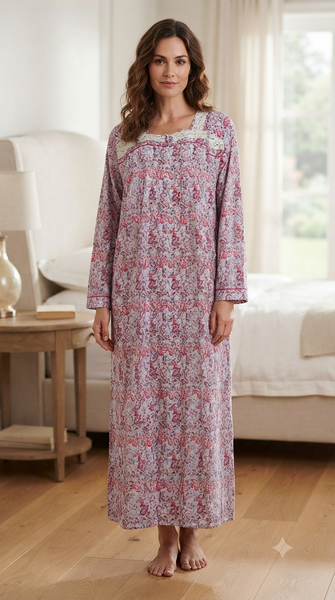 Long-sleeved dress in lightweight pure cotton with lace and front buttons 25-08-B-3
