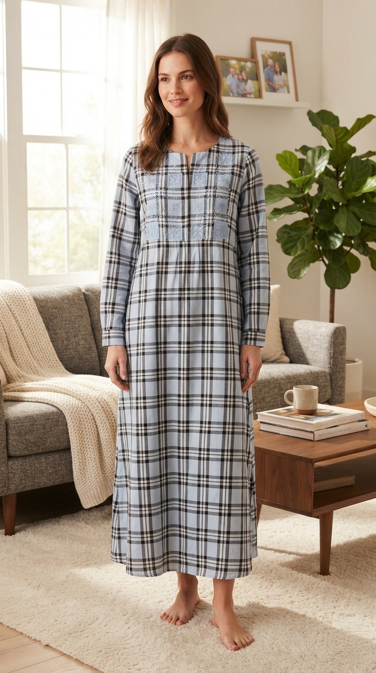 Women's long winter nightgown in sky blue and gray checkered pattern with elegant embroidery 25-69-B-2
