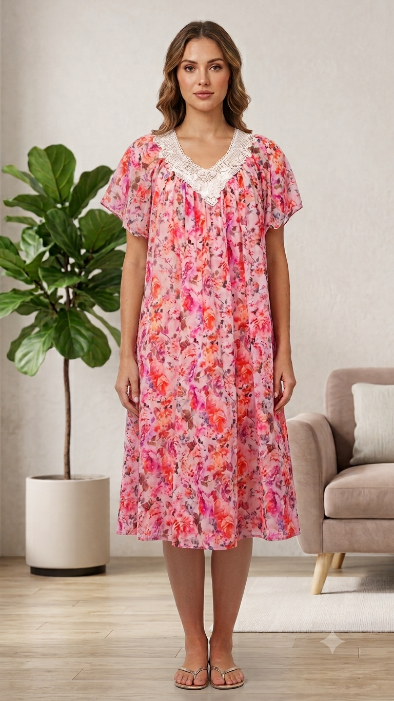 PINK Floral Satin Ballet Nightgown(SHORT)6031