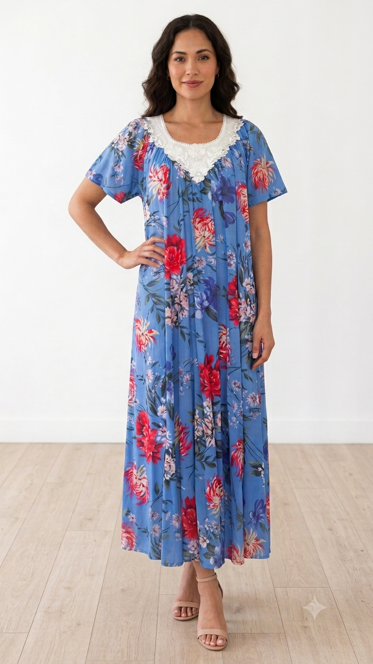 BLUE Floral Satin Ballet Nightgown(LONG) 9031