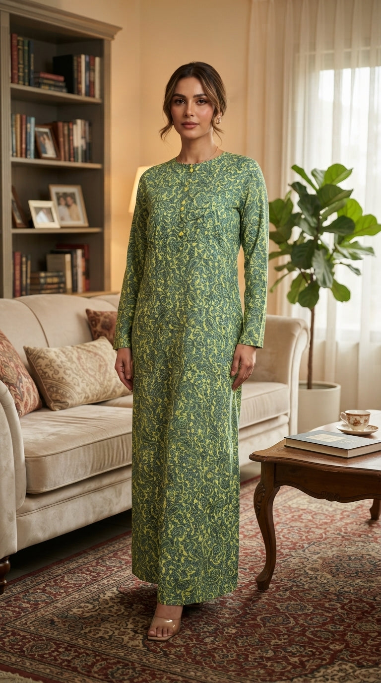 Women's long cotton jalabiya with long sleeves and paisley pattern (green/yellow) 26-23-B-2