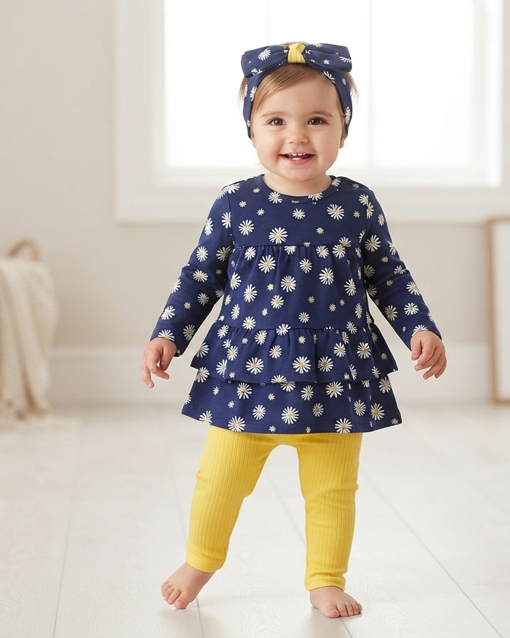 Summer casual cotton children's set with a fresh floral design and a hair accessory 17003
