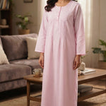 Long pink women's dress with embroidered details for home 25-02-B-5