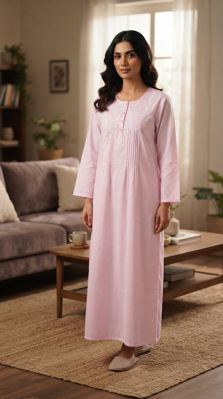 Long pink women's dress with embroidered details for home 25-02-B-5