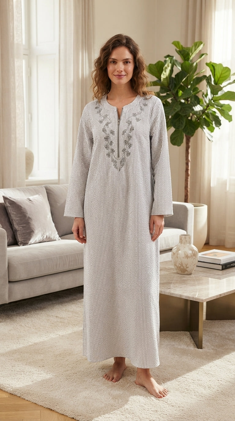 Elegant long women's nightgown with a striped pattern and delicate embroidery 26-20-B-4