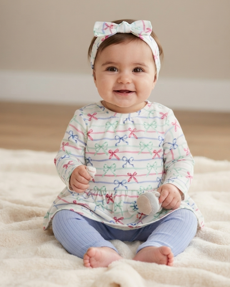 Children's casual summer set (tunic and leggings) with a stylish bow print 17004