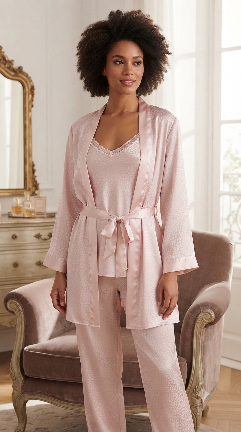 Luxurious comfort: "A modern, soft silk pajama set for a home look." 2613
