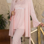 Luxury women's loungewear set (top, trousers, and robe) in an attractive pink color by SIloria.50816