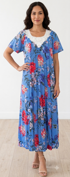 BLUE Floral Satin Ballet Nightgown(LONG) 9031