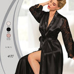 Women's long luxury satin robe with elegant lace sleeves by Jasmin Lingerie – Model 470