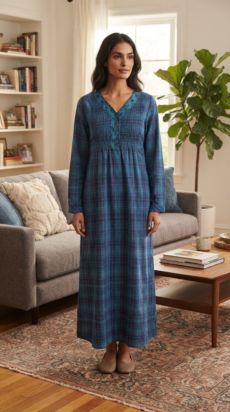 Product Title: Women's Plaid Winter Jalabiya with Embroidered Collar and Front Buttons 26-30-B-1
