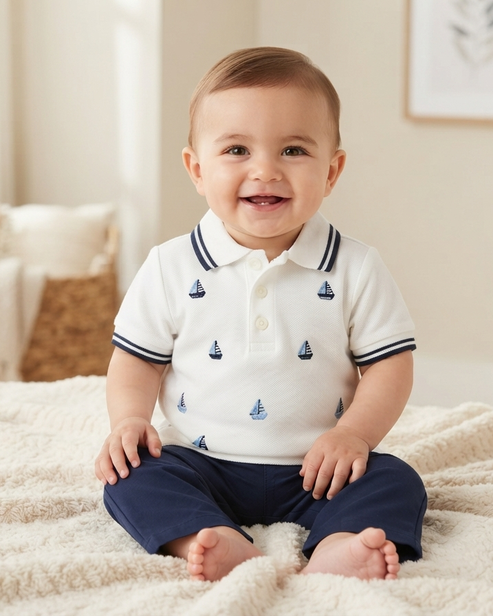 Stylish boys' polo shirt set with sailboat embroidery and navy trousers 17172
