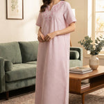 Long women's kaftan in light pink striped sisal fabric with delicate embroidery on the chest 26-20-A-3