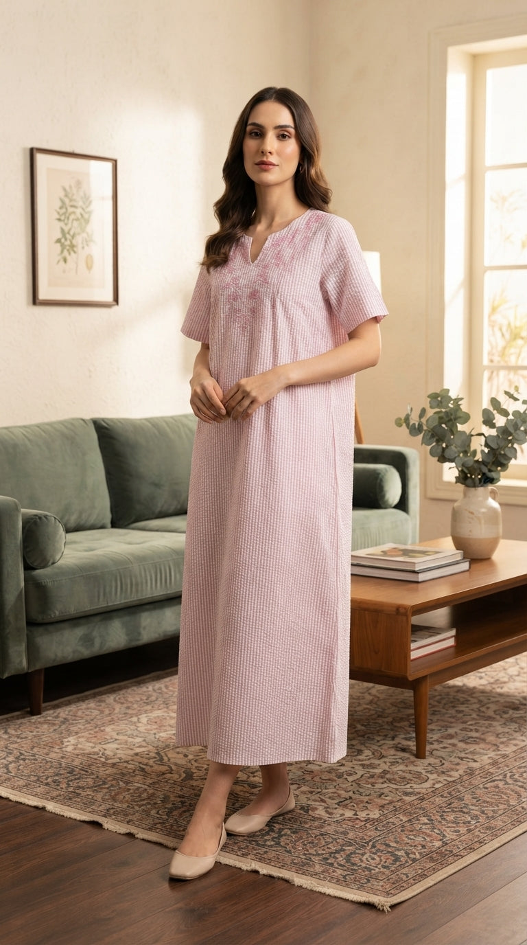 Long women's kaftan in light pink striped sisal fabric with delicate embroidery on the chest 26-20-A-3