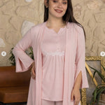 Luxury women's loungewear set (top, trousers, and robe) in an attractive pink color by SIloria.50816