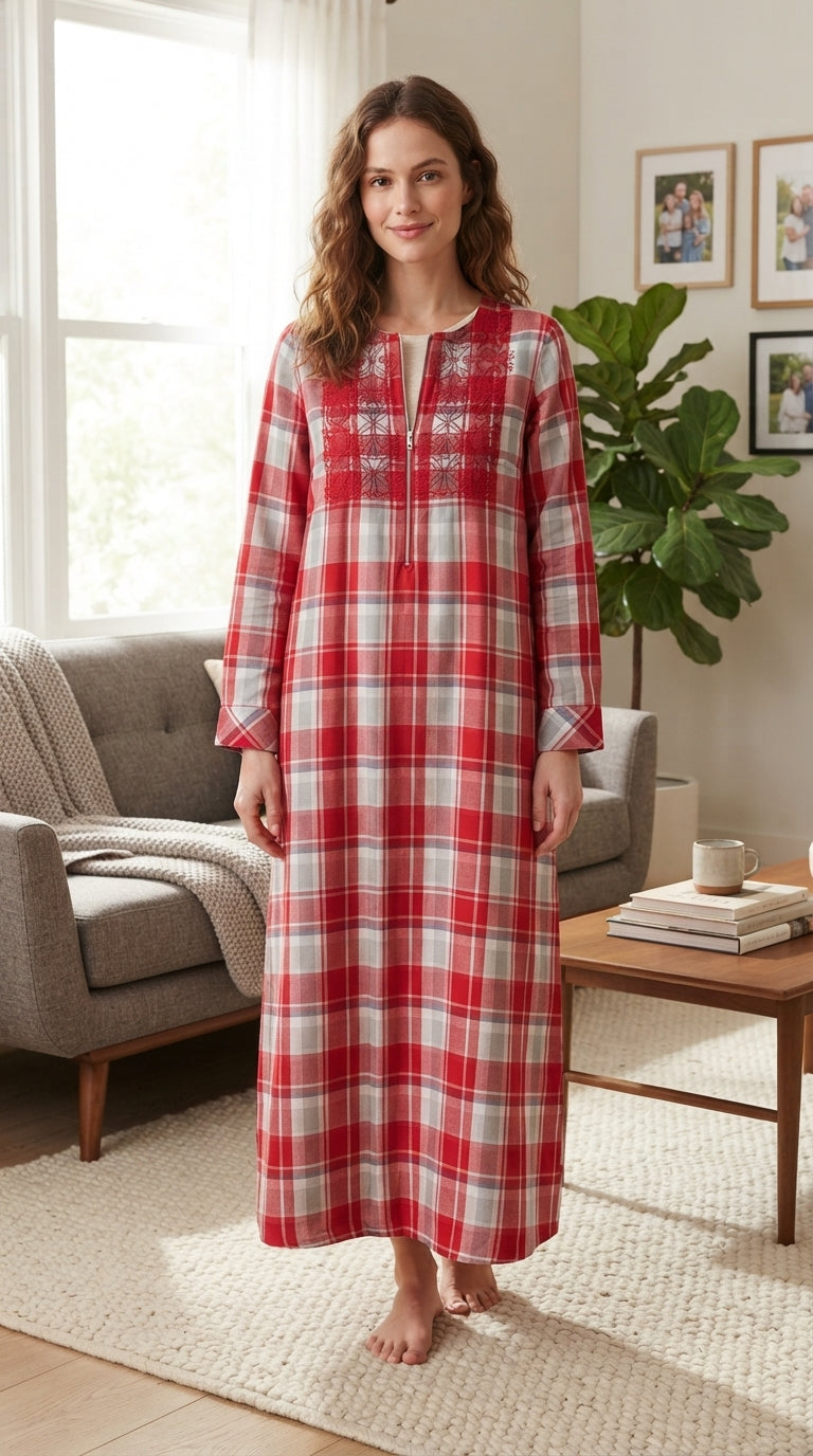 Women's long winter flannel nightgown with a red plaid pattern and embroidered details 25-69-B-6