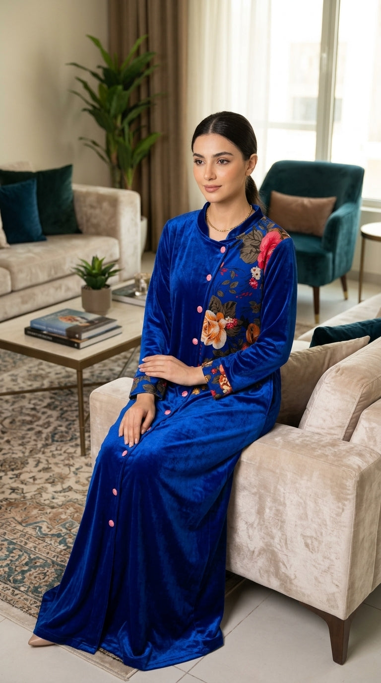 A touch of regal elegance: "Indulge in warmth and luxury with our exquisite velvet design, featuring a captivating blue hue and elegant details."4572