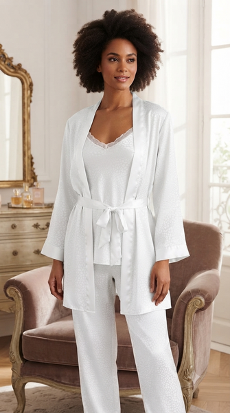 Luxurious comfort: "A modern, soft silk pajama set for a home look." 2613
