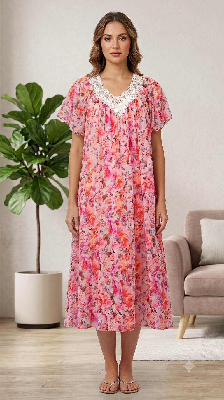 PINK Floral Satin Ballet Nightgown(MIDI)7031