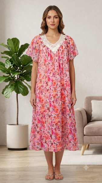 PINK Floral Satin Ballet Nightgown(MIDI)7031