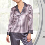 Women's striped luxury satin pajama set featuring a button-down shirt with a solid-colored collar and matching solid-colored trousers – Jasmin Lingerie, Model 587.