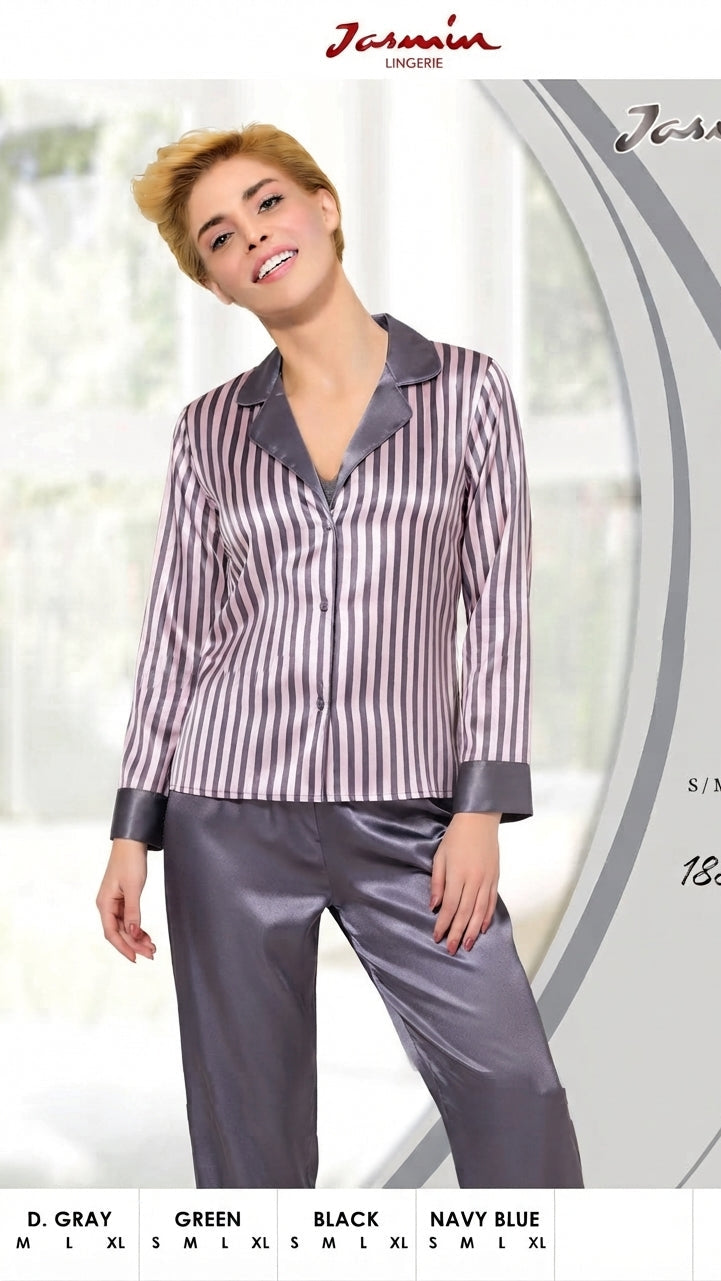 Women's striped luxury satin pajama set featuring a button-down shirt with a solid-colored collar and matching solid-colored trousers – Jasmin Lingerie, Model 587.