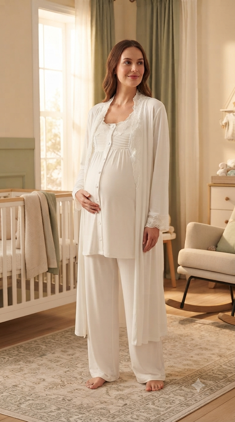 Simplicity and femininity: "Two-piece maternity pajama set with robe – perfect comfort and a calm, feminine design." 2606
