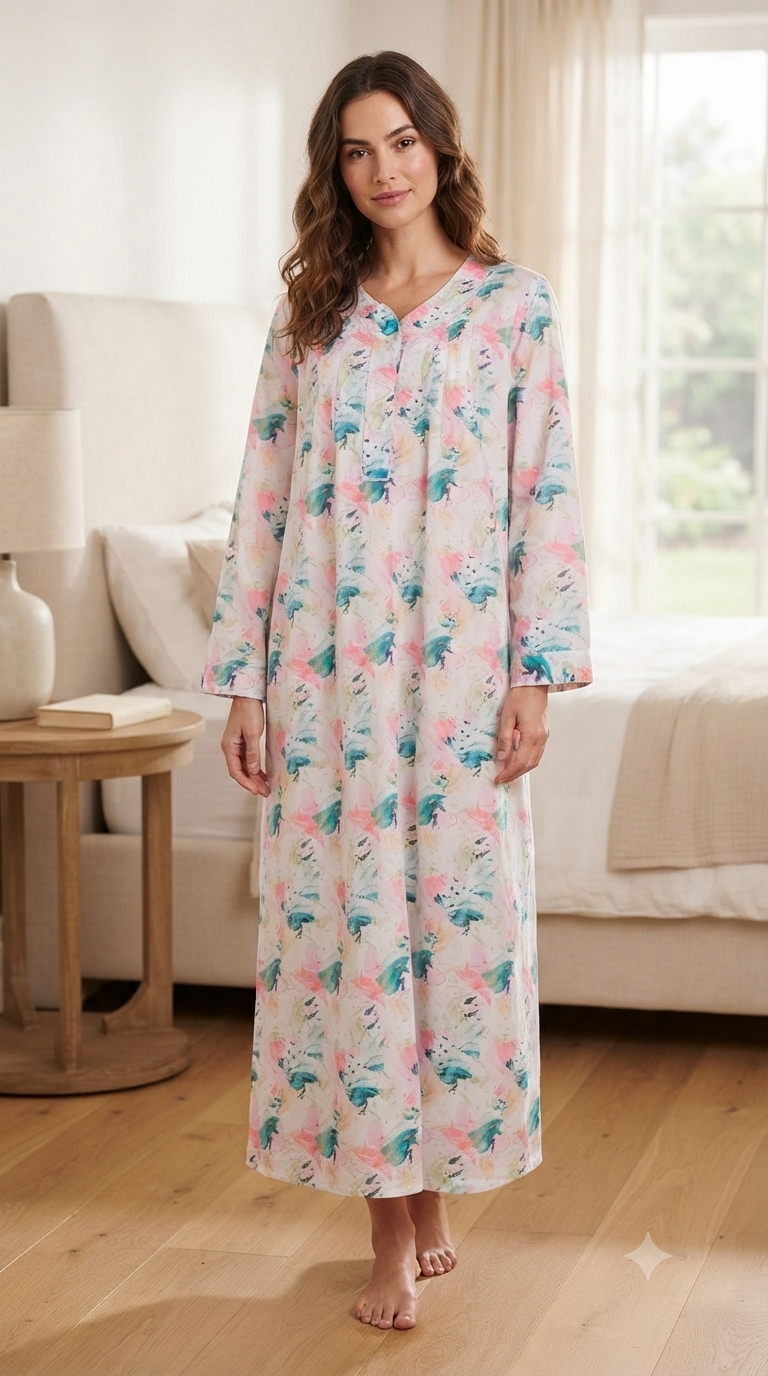 Long-sleeved dress in lightweight pure cotton with lace and front buttons 25-09-B-3