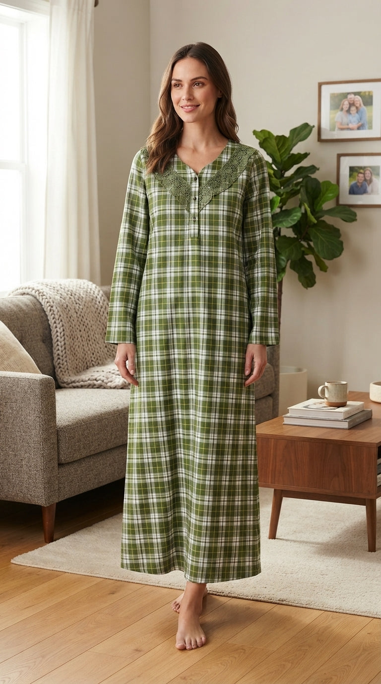 Women's long winter nightgown in green checkered pattern with elegant lace details 25-43-B-3