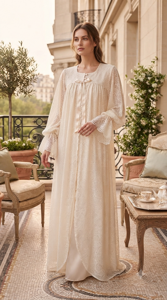 Beige double reception piece containing an inner piece of soft silk, and an outer piece of perforated chiffon. 60126-L