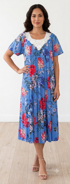 BLUE Floral Satin Ballet Nightgown(MIDI)7031
