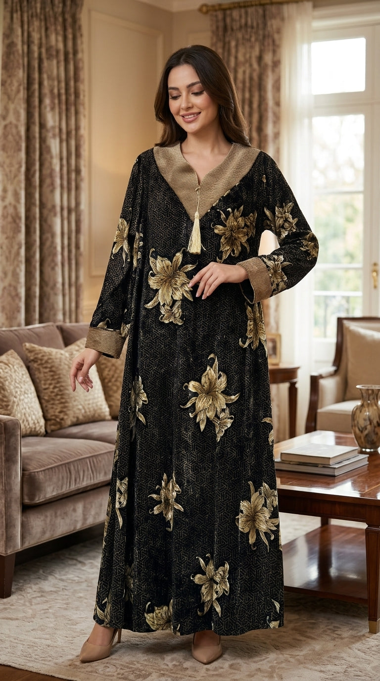 Luxurious velvet *dara'a* with a floral print and a gold-colored neckline 4570