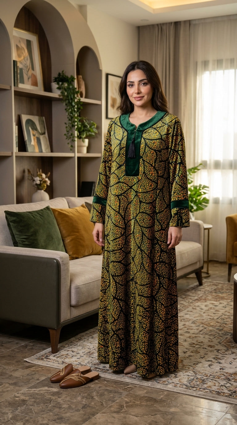 Luxurious velvet jalabiya featuring floral patterns and distinctive embroidery on the neckline 4571