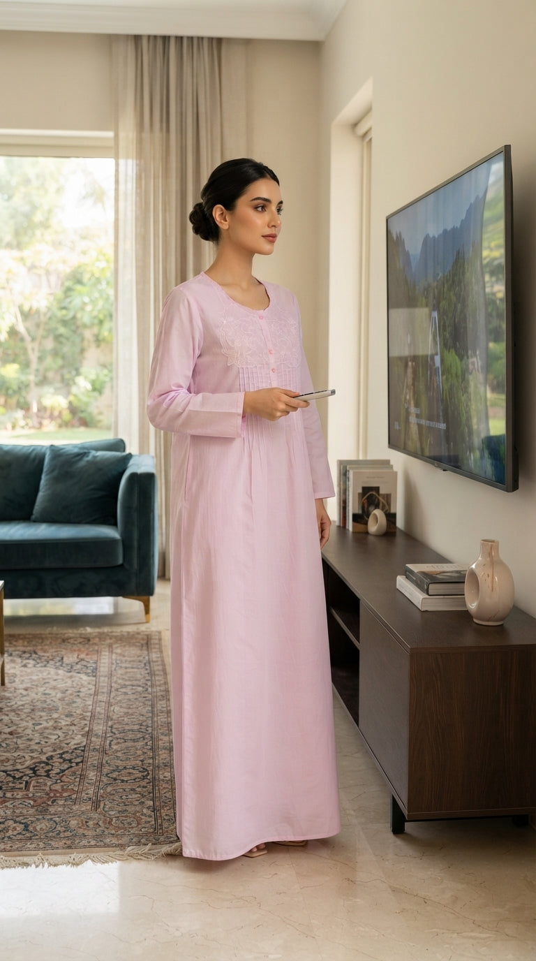 Women's long cotton jalabiya with long sleeves and front embroidery (light pink color) 26-24-B-5