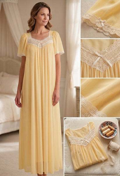 A soft and comfortable nightgown adorned with a delicate lace trim on the chest.50321